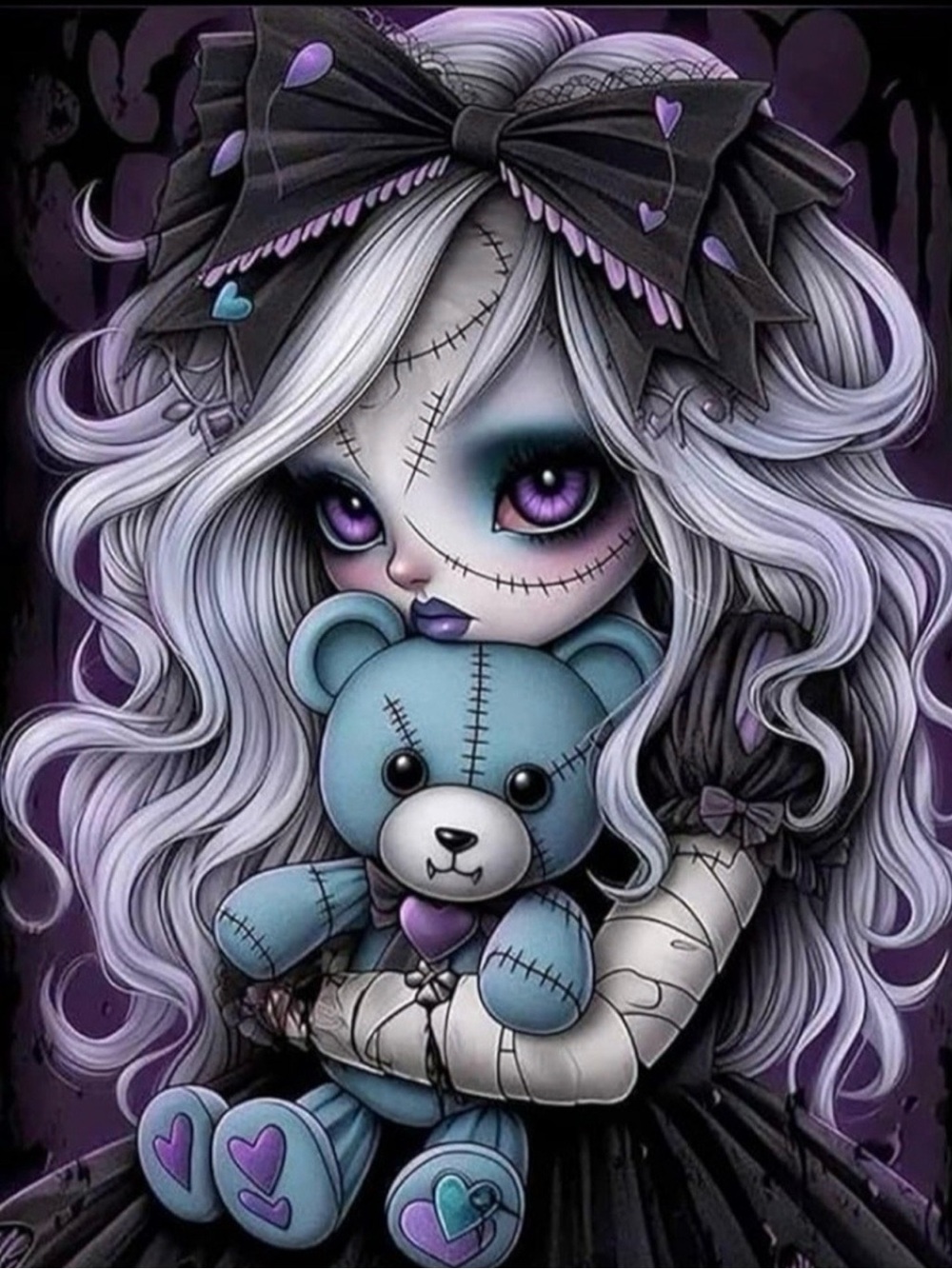 Gothic Purple Doll Art Print with Blue Teddy